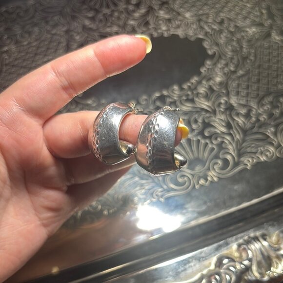 Vintage Sterling Silver 925 Elegant Statement Curved Hoop Earrings - Picture 8 of 11